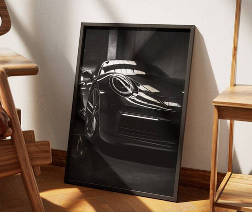 Classic German sports car canvas, black-and-white close-up wall art for living room or garage, perfect for car enthusiasts | Family Wall Decor