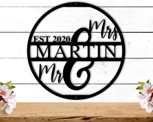 Mr and Mrs metal wall sign, personalized with last name and established date, custom wedding gift for newlyweds | Familywalldecor