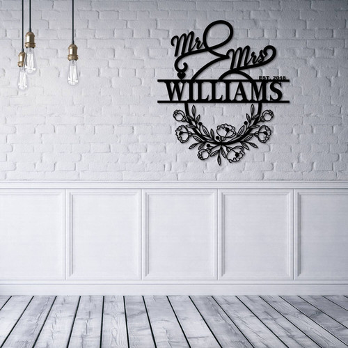 Mr and Mrs metal sign in matte black, personalized with family name and established date, wedding or anniversary gift decor | Familywalldecor