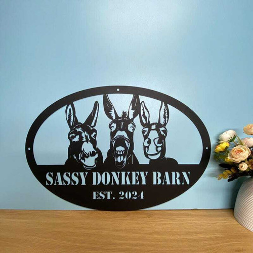 Funny donkey farm metal sign for farmhouse entry, personalized with farm name, black powder-coated steel, horizontal layout | Family Wall Decor
