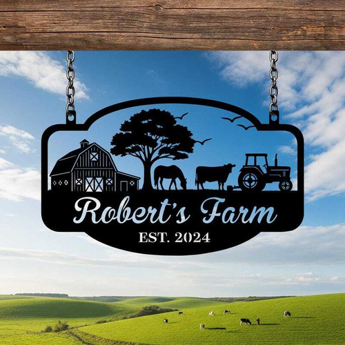 Animal farm metal sign personalized with established year, farmhouse wall decor with tractor for ranch, matte black finish | Family Wall Decor