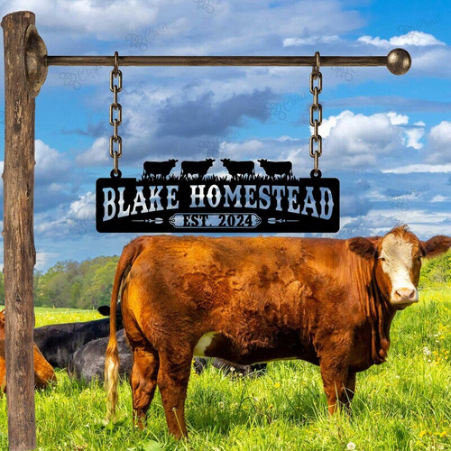 Animal farmhouse metal sign personalized for ranch and barn decor, rustic wall art with farm animal silhouettes, custom name | Family Wall Decor