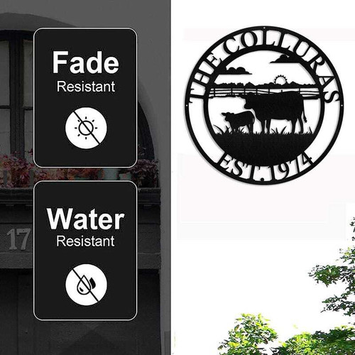 Cow and calf metal farm sign, custom rustic ranch gate decor, personalized with ranch name, outdoor barn wall art | Family Wall Decor