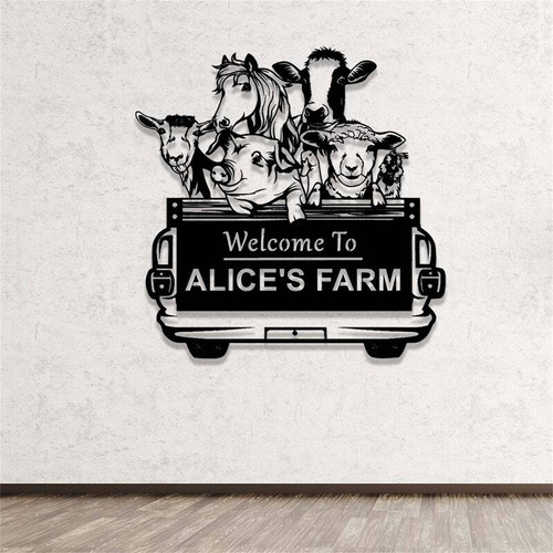 Welcome animal farm metal sign with cow, pig, and chicken silhouettes, custom family name, rustic black, porch entry decor | Family Wall Decor