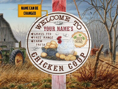 Farmhouse hen house wood sign with hen graphic and Farm Fresh Eggs text, personalized with family name, kitchen decor gift | Familywalldecor