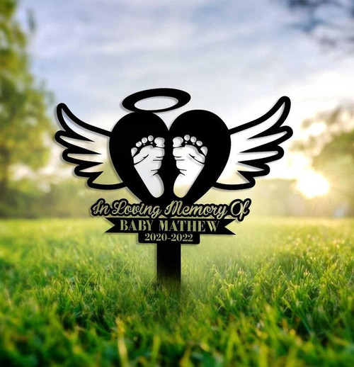 Baby memorial metal sign with footprints design for garden or wall decor, a remembrance plaque honoring infant loss | Familywalldecor