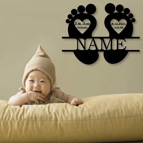 Baby footprints metal sign for nursery decor, black powder-coated horizontal personalized with name and birth date | Family Wall Decor