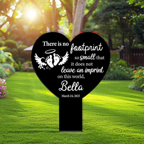 baby footprints memorial metal sign for garden decor, personalized with name and date, black powder-coated, sympathy gift | Familywalldecor