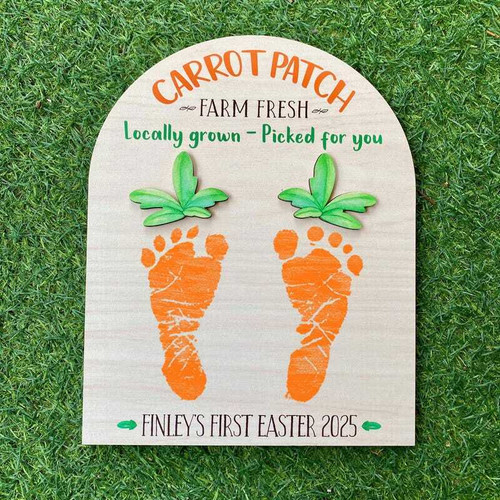 Easter carrot patch baby footprints wall art, personalized with baby’s name and date; pastel nursery keepsake in whimsical watercolor | Family Wall Decor