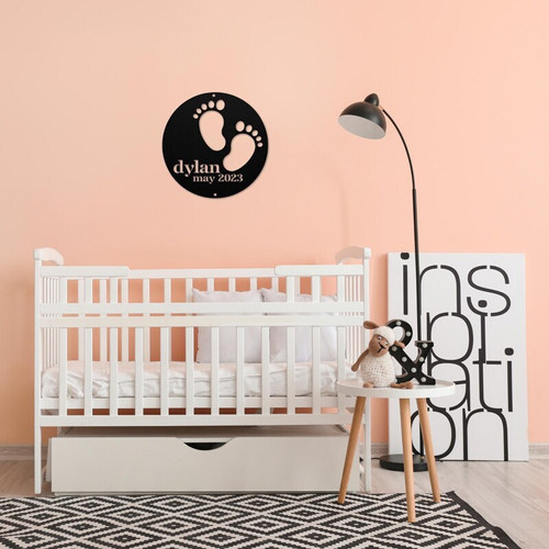 Baby footprints metal sign, personalized with birth month and year, hanging nursery wall decor for newborn’s room | Family Wall Decor