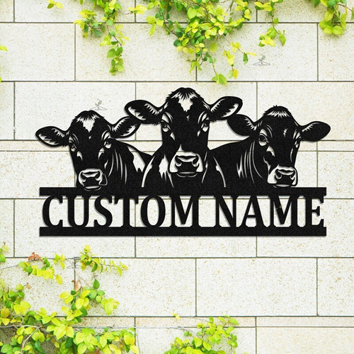 Cattle metal sign, custom farmhouse decor personalized with ranch name and cow silhouette; barn entry gift for cattle lovers | Familywalldecor