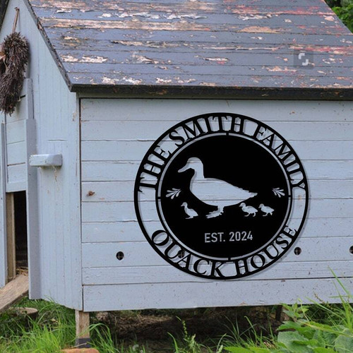 Duck metal sign with Quack Shack text, personalized family name, rustic farmhouse wall decor for coop entrance or porch. | Family Wall Decor