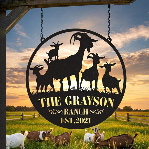 Goat metal farm sign, personalized farmhouse wall art with family name and established year, powder-coated steel for barn | Family Wall Decor