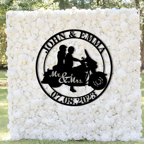 Biker couple wall decor with Mr and Mrs, motorcycle icon, custom names and est. date, wedding or anniversary gift | Familywalldecor