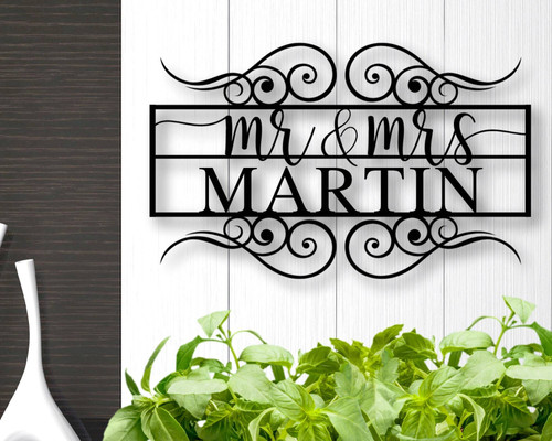 Mr and Mrs personalized metal wall sign, custom names and wedding date in modern script, matte black finish, landscape layout | Familywalldecor