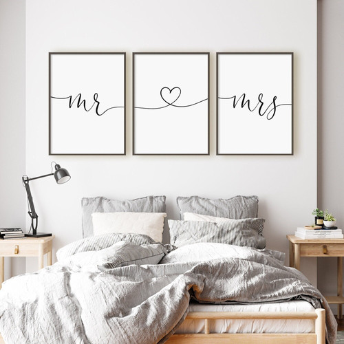 Mr and Mrs wall decor canvas set personalized with couple names and wedding date, neutral tones for bedroom, shower gift | Familywalldecor