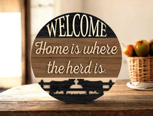 Cow herd welcome rustic farmhouse sign with herd graphic, wall decor for entryway or front porch, great gift for family farms | Family Wall Decor UK