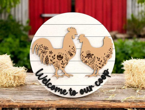 Welcome to Our Coop farmhouse door hanger sign with rooster and hen, rustic wood-look plaque for front door chicken decor | Family Wall Decor