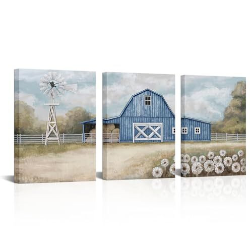 Farmhouse windmill canvas wall art in blue with country barn and open fields, rustic decor accent for living room walls | Family Wall Decor