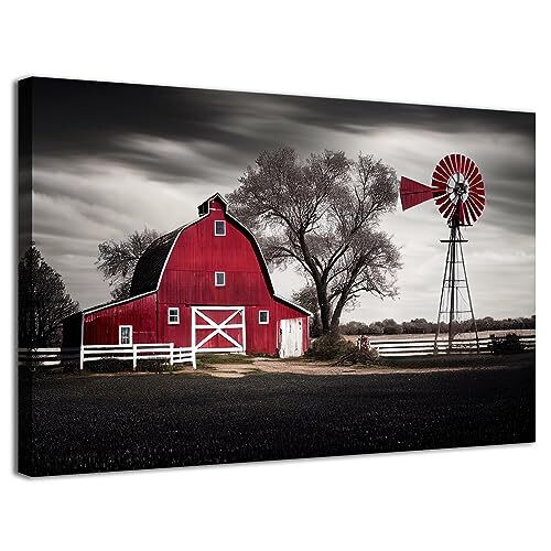 Vintage windmill canvas wall art with rustic farm landscape, sepia tones, horizontal layout for cozy living room decor | Family Wall Decor