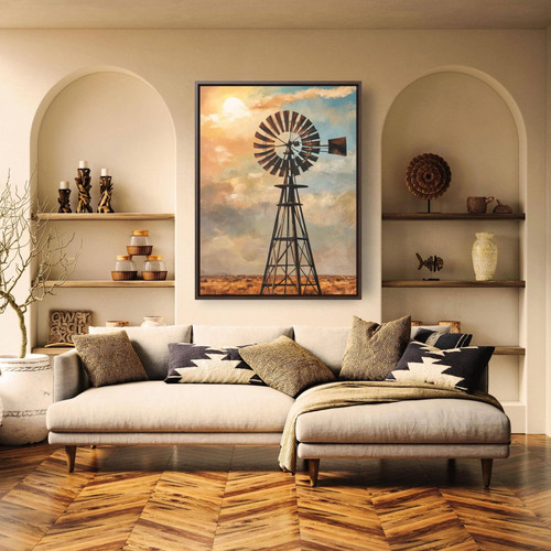 Windmill canvas wall art, personalized rustic farmhouse decor in muted neutrals, custom names for country living room walls | Family Wall Decor