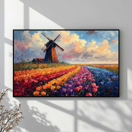 Dutch windmill tulip field canvas wall art, vibrant multicolor rows beneath blue sky, landscape print for living room decor | Family Wall Decor