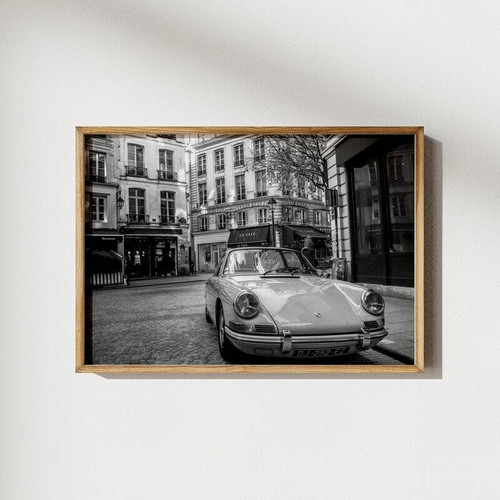 Vintage German sports car canvas wall art in black and white, landscape decor for living room of car enthusiasts | Family Wall Decor