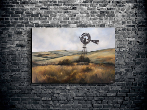 Vintage windmill wall decor canvas with rustic farmhouse oil painting in muted earth tones for living room wall art | Family Wall Decor
