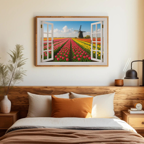 Dutch tulip field and windmill canvas, spring landscape with vibrant tulip rows and blue skies for living room wall decor | Family Wall Decor