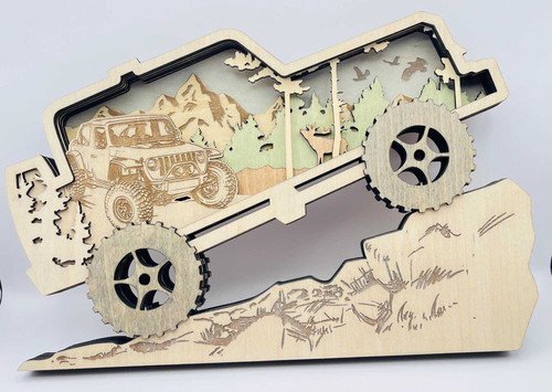Off-road Jeep mountain scene wall art, 3D laser-cut layered silhouette with trail, pines, and peaks for car enthusiasts | Familywalldecor