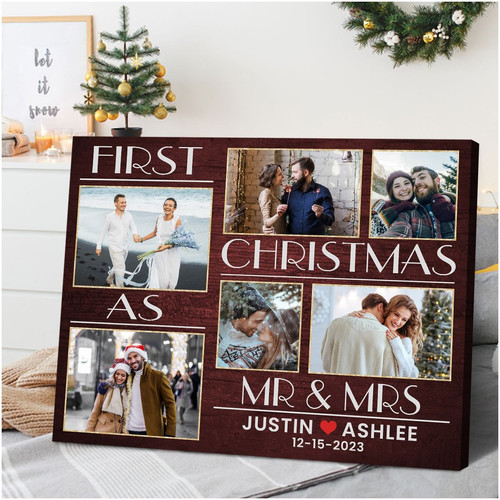 First Christmas as Mr and Mrs canvas print, personalized with names and wedding date, red and green design for newlyweds | Family Wall Decor