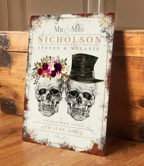 Gothic skull bride and groom metal wedding sign, personalized with names and date, wall or door decor for home or reception | Familywalldecor