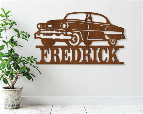 Classic car design wood sign with vintage car graphic and personalized name, indoor decor for car lovers, engraved plaque | Family Wall Decor