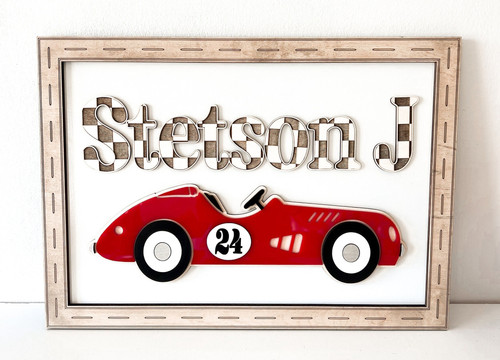 Race car wood sign, boho nursery decor with checkered alphabet, personalized baby name on natural wood, horizontal layout | Family Wall Decor