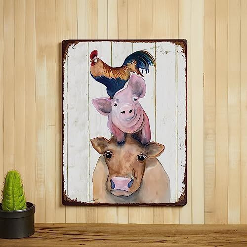 Farm animal metal sign featuring chickens, pigs, and cows, rustic vintage farmhouse wall decor, 12x8 tin plaque for kitchen | Familywalldecor