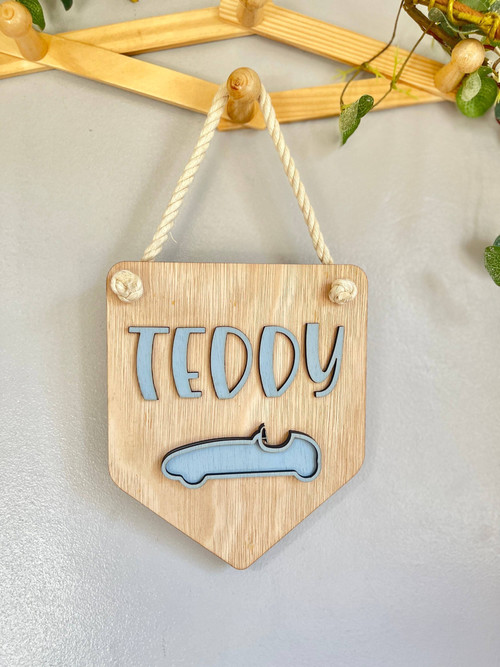 Vintage racing car wood sign personalized for boys’ playroom or nursery decor, rustic wood finish with custom name and date | Family Wall Decor