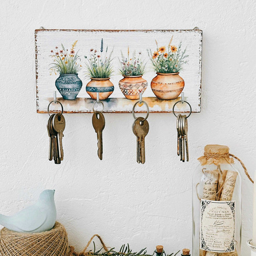 Rustic garden-themed decorative wall key holder with flower pots for entryway, wood frame with metal hooks, farmhouse style. | Familywalldecor