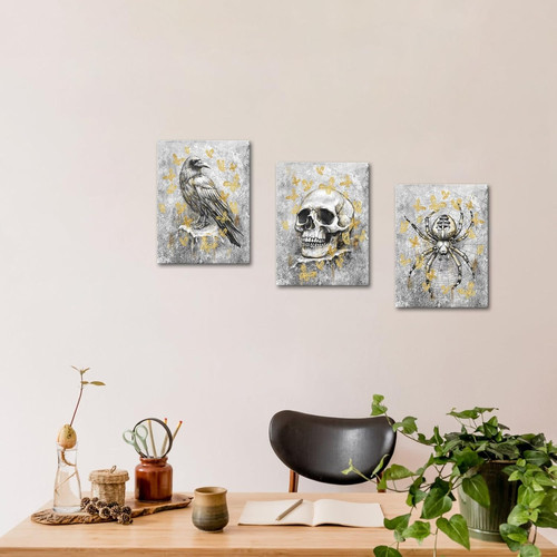 Gothic skeleton canvas wall art in black and white with gold butterflies, portrait composition for spooky living room decor | Family Wall Decor