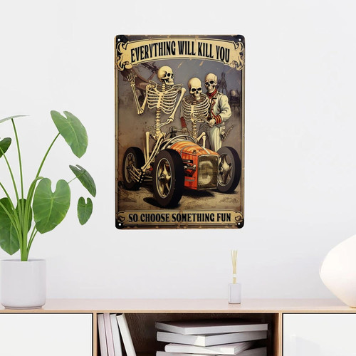 Funny skeleton racing metal sign in retro style for home bar wall decor, novelty metal artwork with playful vintage vibe accent | Familywalldecor