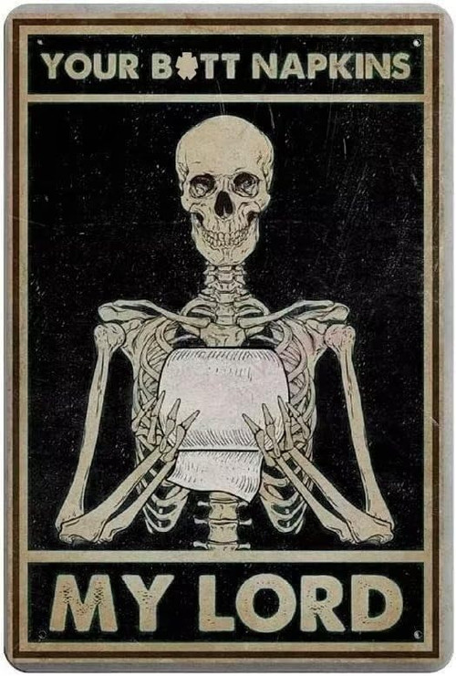 retro skeleton metal tin sign, humorous wall decor for bathroom or kitchen; vintage-style home bar plaque with witty graphic | Familywalldecor