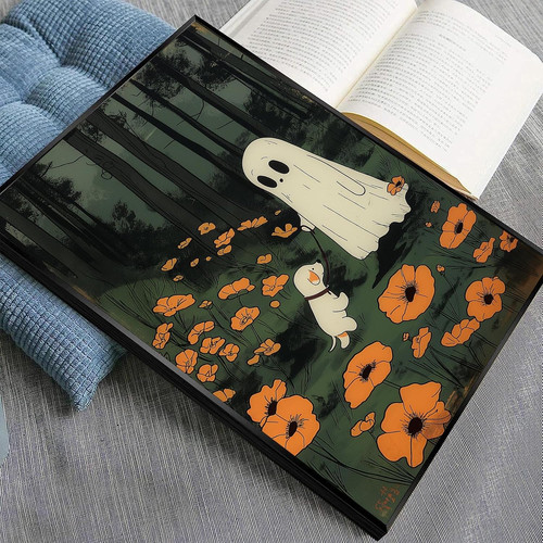 Gothic ghost dog canvas wall art, haunted forest under full moon and black florals, portrait print for bedroom decor | Family Wall Decor