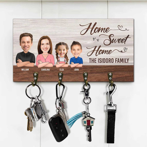 Rustic entryway key holder with 'Home Sweet Home' script, hooks, personalized family name, farmhouse entryway decor | Familywalldecor