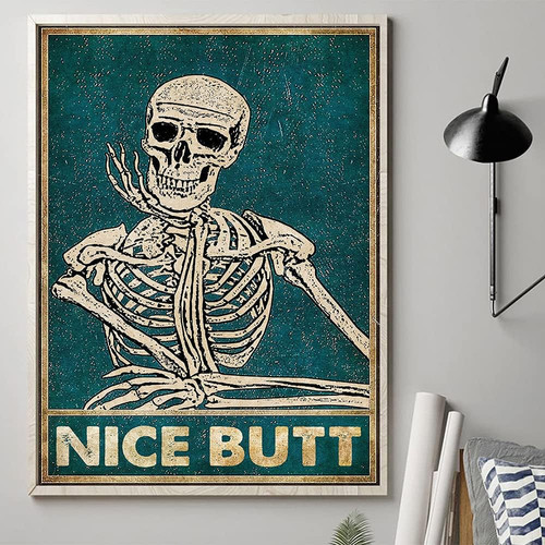 Skeleton wall art canvas with 'Nice Butt' quote and vintage skeleton illustration for retro bathroom decor, cheeky humor | Family Wall Decor