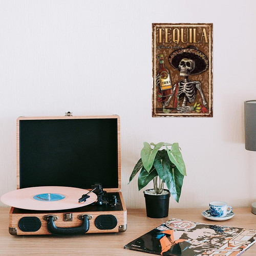 Mexican skeleton tequila metal sign, vintage-style wall decor for man cave or home bar, rustic black and white skull art | Familywalldecor