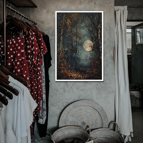 Gothic Dark Academia canvas wall art featuring a moody fall moon over bare trees, subtle Halloween vibe for a family room. | Family Wall Decor