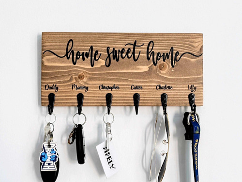 Rustic Home Sweet Home key rack, reclaimed wood with metal hooks, personalized with family name, wall-mounted entryway decor | Familywalldecor