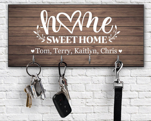 Home Sweet Home personalized key rack wall organizer with hooks, custom names or date, entryway decor and wedding gift | Familywalldecor