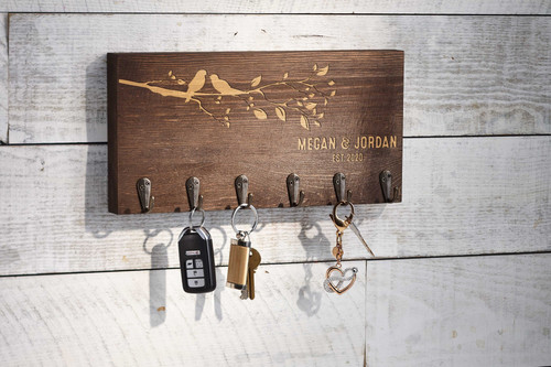 Personalized wooden key hooks, engraved couple names and date, wall-mounted organizer, housewarming gift for couples | Familywalldecor