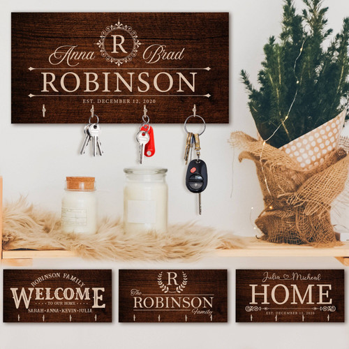 Custom first home wooden key ring holder wall-mounted, engraved couple names in rustic oak, housewarming entryway decor gift | Familywalldecor