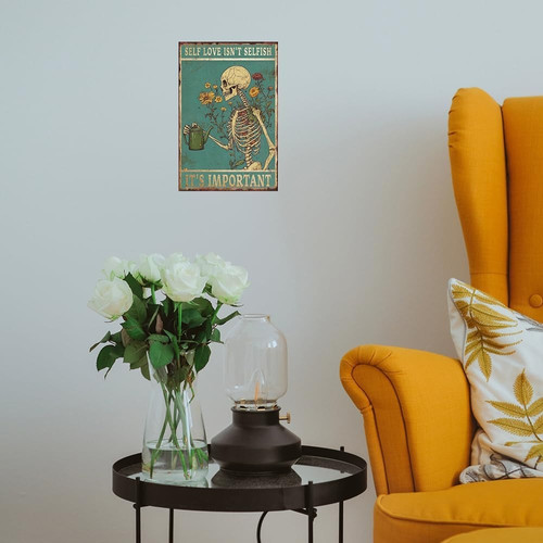 Retro skeleton metal sign with self love vs selfishness quote, distressed wall decor for living room or office | Familywalldecor